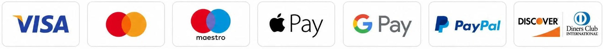 Accepted payment methods: Visa, Mastercard, Maestro, Apple Pay, Google Pay, PayPal, Discover and Diners Club